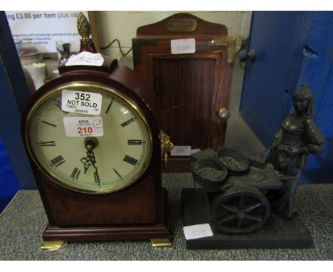 RAPPORT TEAK CASED MANTEL CLOCK, A FURTHER SPELTER FIGURE OF A FISH SELLER AND AN EASTERN HARDWOOD KEY BOX   