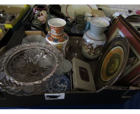 CUT GLASS PEDESTAL BOWL, BLUE AND WHITE CUPS AND SAUCERS, DECORATIVE VASE ETC   