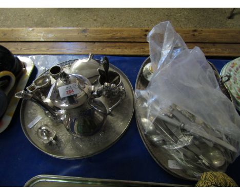 TWO SILVER PLATED GALLERIED EDGE TRAYS, PART TEA WARES, SILVER PLATED FLAT WARES ETC   