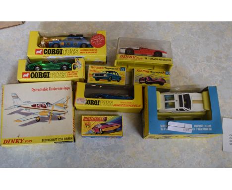 Boxed set of Corgi cars including Hillman Hunter, Ghia 500 Mangusta, Dinky aircraft, Corgi Toyota 2000 GT   