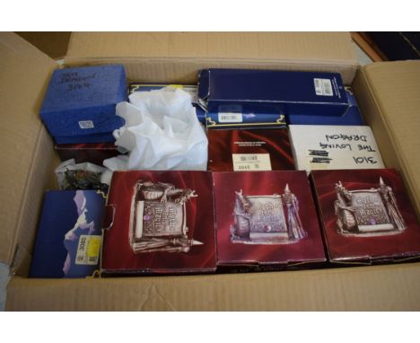 Box containing boxed Myth &amp; Magic figures including Dark Dragon, Dragon of Light, Pegasus paper knife, Rising of the Phoe