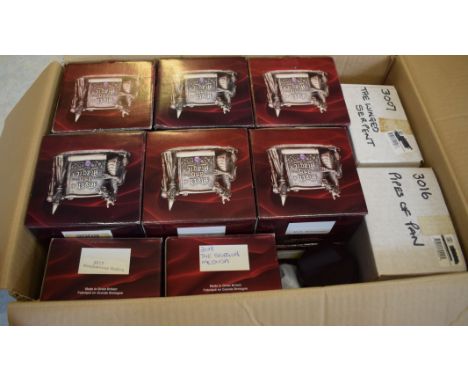 Box containing boxed Myth &amp; Magic figures including Deadly Combat, Incantation, Sauron, Book of Spells, Enchanted Castle,