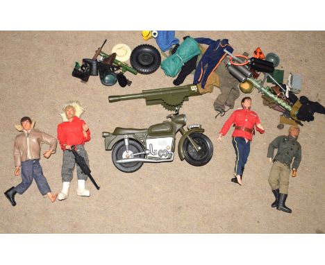 Box of assorted 4 Action Man figures with accessories including Gherilea motor bike, (two figures with heads detatched)