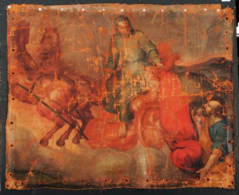 AN OLD MASTER STUDY of St. Martin of Tours giving his cloak to a beggar, oil on canvas pinned to a backing support, 79 x 97cm