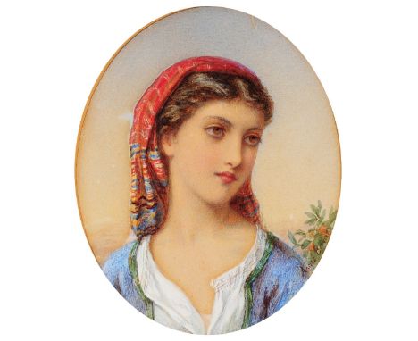 AGNES BOUVIER (1842-c.1892) Shoulder length portrait of a Spanish beauty, signed, watercolour, 16 x 13.5cm oval