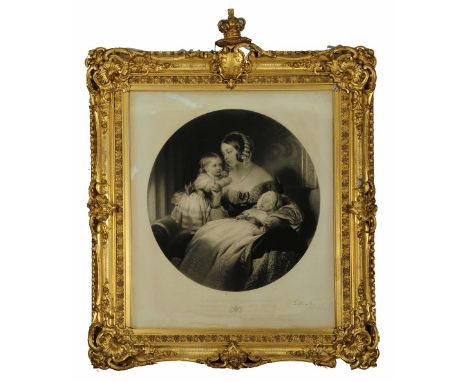 A 19TH CENTURY GILT GESSO FRAME of swept rococo form, the top centred by coat of arms and coronet, currently incorporating an
