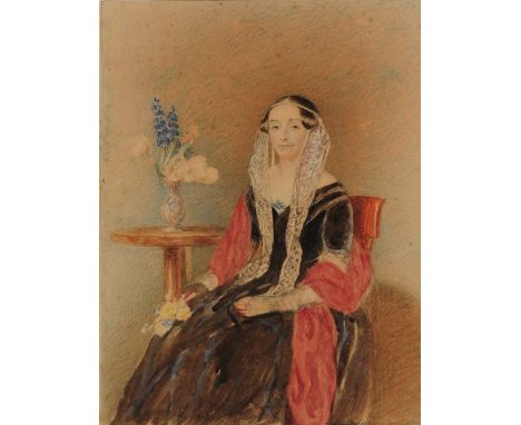 19TH CENTURY ENGLISH SCHOOL Portrait of a lady seated in a chair, inscribed verso 'Mrs Bertram Mitford, daughter of Sir Franc