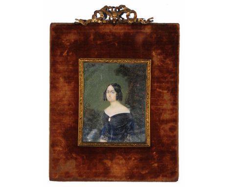 19TH CENTURY ENGLISH SCHOOL Portrait of a lady, her black hair with ringlets and wearing a pleated black dress, on ivory, 11 