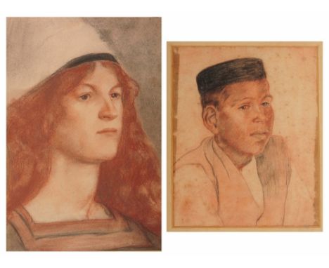 B * P * COLLINS? Head and shoulders portrait of a lady in medieval attire, signed, sepia chalk drawing, 29 x 19cm; and one fu
