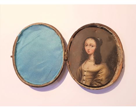 17TH/18TH CENTURY ENGLISH SCHOOL Portrait of a young lady with long curly hair, cap and pearl necklace, wearing a buttoned gr