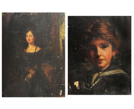 19TH CENTURY ENGLISH SCHOOL Portrait of a lady in an interior, oil on panel, 46 x 36cm; and a portrait of a sailor boy, oil o