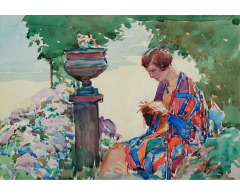 20TH CENTURY BRITISH SCHOOL A lady dressed in kimono knitting in a formal garden, watercolour with a further watercolour vers