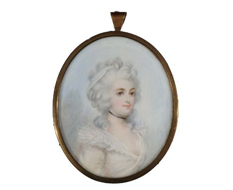 ENGLISH SCHOOL (EARLY 19TH CENTURY) Bust length portrait of a young lady with shoulder length curly hair and headband wearing