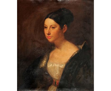 19TH CENTURY ENGLISH SCHOOL Portrait of a female beauty, her hair tied in a bun wearing a pleated silk dress tied by a waistb