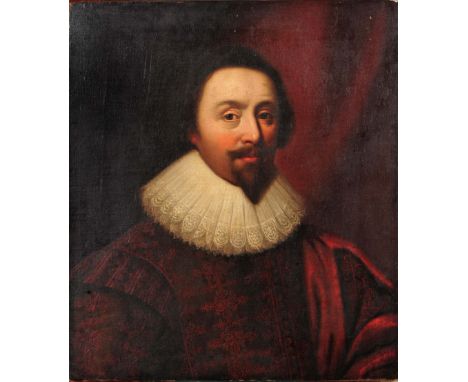 CIRCLE OF DANIEL MYTENS (c.1590-c.1647) Bust length portrait of a gentleman wearing lace ruff and maroon doublet, oil on canv