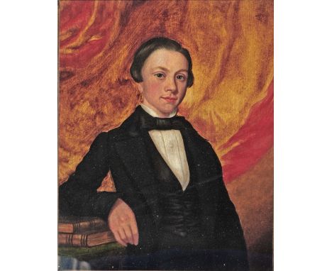 19TH CENTURY ENGLISH SCHOOL Half length portrait of a gentleman wearing dinner suit, his right arm resting upon two books, oi