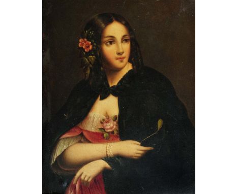 FOLLOWER OF JOHN BAGNOLD BURGESS (1830-1897) Portrait of a lady with posy of flowers in her hair and holding a mask, oil on m