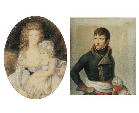 19TH CENTURY ENGLISH SCHOOL Portrait of a mother with child, colour chalks, 24.5 x 19cm oval; and a portrait engraving of Nap