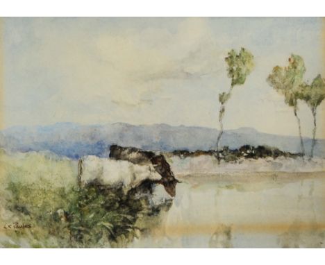 LEWIS CHARLES POWLES (1860-1942) Cattle watering from a riverbank, signed, watercolour, 15.5 x 22.5cm; a watercolour landscap