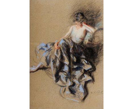 20TH CENTURY ENGLISH SCHOOL Portrait of a semi clad lady wearing a frilled skirt, indistinctly signed 'A.C.C...', pastels, 48