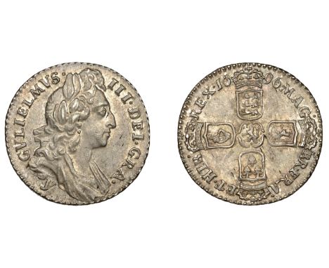 William III (1694-1702), Sixpence, 1696y, first bust, large crowns, early harp (ESC 1296; S 3525). Lightly toned with iridesc