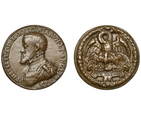 Philip II of Spain and King of England, 1556, a cast bronze medal by Gianpaolo Poggini, draped bust left, rev. pelican feedin