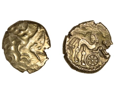 British Iron Age, BELGAE, Stater, British Q [Cheriton wheel] type, Hampshire derivative, degraded head of Apollo right, hairb