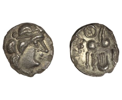 British Iron Age, ATREBATES and REGNI, silver Unit, Sussex lyre type, diademed head right, large curls for hair, rev. horse r