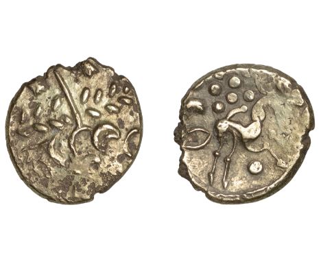 British Iron Age, TRINOVANTES, Uninscribed Issues, Stater, British G [Early Clacton type], devolved head of Apollo right, wre