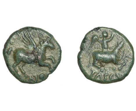 British Iron Age, CATUVELLAUNI, Cunobelin, Bronze, pegasus right, [–]no below, rev. Victory sacrificing a bull right, tasci b
