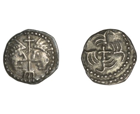 Early Anglo-Saxon Period, Sceatta, Secondary series J, type 37, two diademed heads vis-à-vis, long cross trident between them