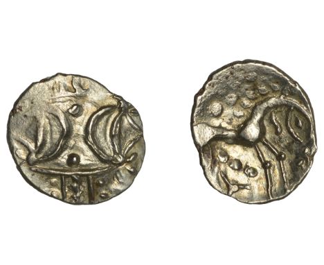 British Iron Age, ICENI, Ecen, silver Unit, Symbol type, two crescents back-to-back, rev. horse right, three pellets below, 1