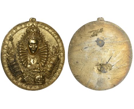 Dangers Averted, 1589, Defeat of the Armada, a uniface gilt electrotype copy [late 19th century?], crowned figure of Elizabet