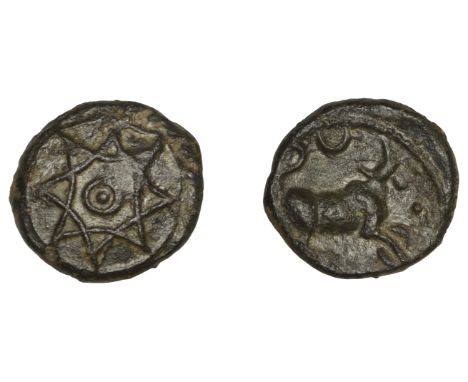 British Iron Age, CATUVELLAUNI, Tasciovanos, bronze Unit, eight-pointed star, annulet at centre, rev. bull right, annulet abo