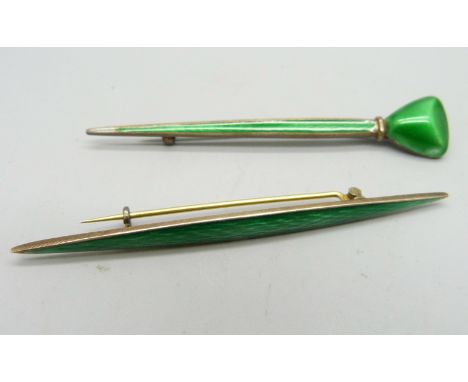 Two silver and enamel brooches, one with shaped end and with small chip to the enamel and one other by Aksel Holmsen, 74mm an