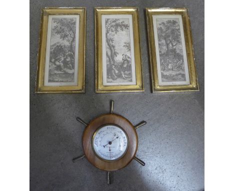 A barometer and three engravings **PLEASE NOTE THIS LOT IS NOT ELIGIBLE FOR POSTING AND PACKING** 