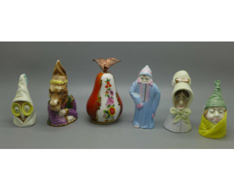 Six Royal Worcester candle snuffers, Connoisseur Collection Toddie, Bottom, Owl, Mr Caudle, Old Lady and Pear, boxed 