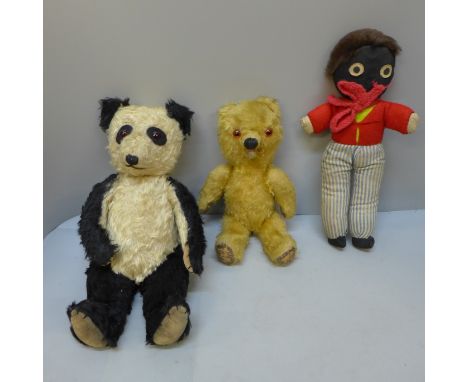 A vintage Teddy bear, Panda and Golly 