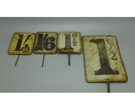 Four vintage fruit market metal price tickets 