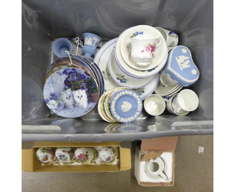 Eight collectors plates including Unicorn, other decorative china, Wedgwood Jasperware, Paragon, etc., Sheridan Staffordshire