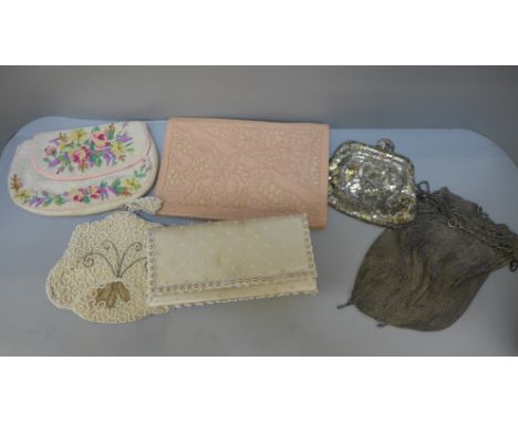 A chain mail purse and five other vintage purses 