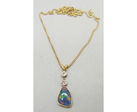 An opal and diamond set pendant on a 9ct gold chain, chain 3.6g 
