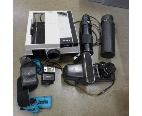 A slide projector, Zenit camera and lens **PLEASE NOTE THIS LOT IS NOT ELIGIBLE FOR POSTING AND PACKING** 