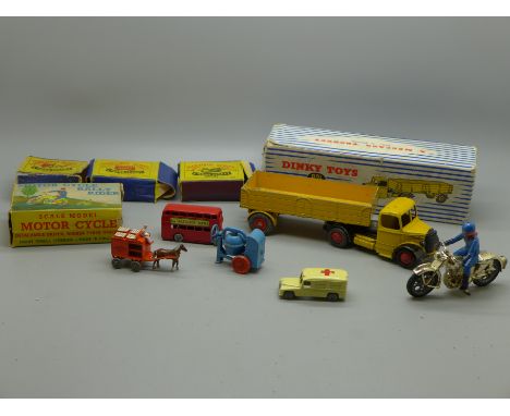 Six vintage Dinky and Matchbox model vehicles; Dinky 921 articulated lorry, four Matchbox Series and Motor Cycle Rally Rider,
