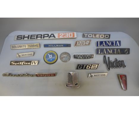 Vintage car badges, Lancia, Sherpa 230, Bertone, Austin 1300 Mk III, Victor Triumph, Hillman, Spitfire IV, etc. 