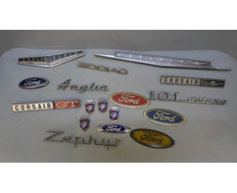 Vintage Ford car badges, Corsair, Anglia, Anglia Super, Zephyr, 101 Deluxe, Ghia, Zodiac, etc. (17) 