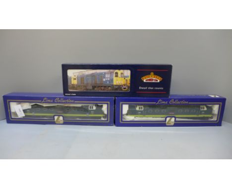 Three model diesel 00 gauge locomotives, two Lima and one Bachmann 