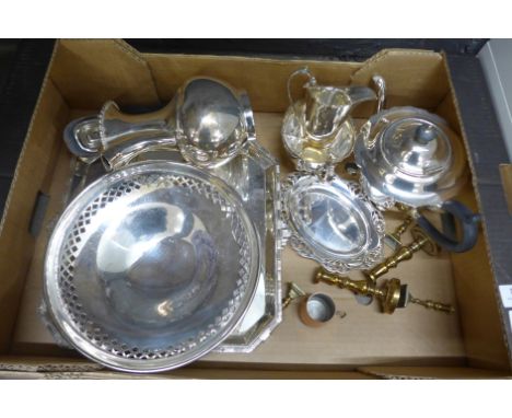 A four piece plated tea service, a plated tray, a plated bowl, a small tray, small candlesticks and a measure **PLEASE NOTE T