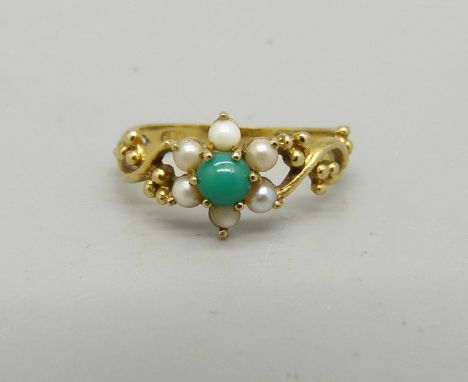 A 9ct gold, pearl and green stone ring, 1.5g, K 