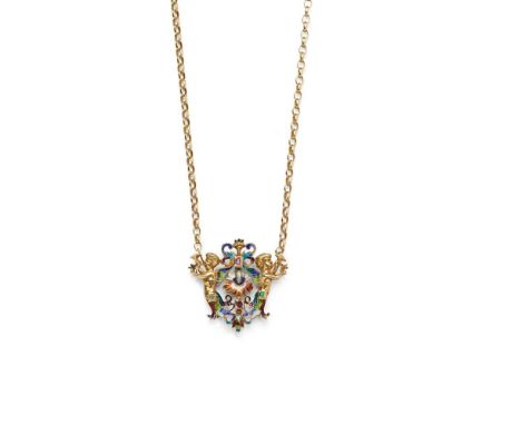 A 19th century Renaissance revival pendant The stylised floral motif between two trumpeters, decorated with polychrome enamel